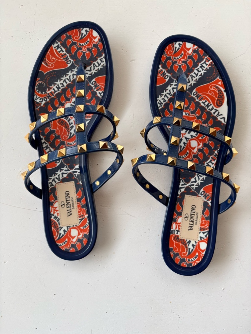 Valentino Navy and Red Rockstud Strappy Sandals